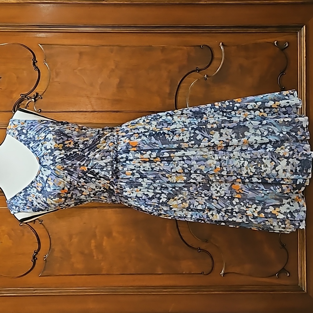 Weston Wear Tank Style V Neck Dress Lined Layered Petticoat Abstract Blue Sz S